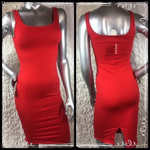 Red Sleeveless Stretch Scoop Neck Midi Dress NWT - Picture 2 of 4
